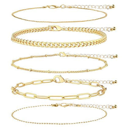 Women’s 14K Gold Plated Ankle Bracelet Set, Waterproof Cuban Figaro Link Chain – Adjustable Boho Chic Summer Anklets