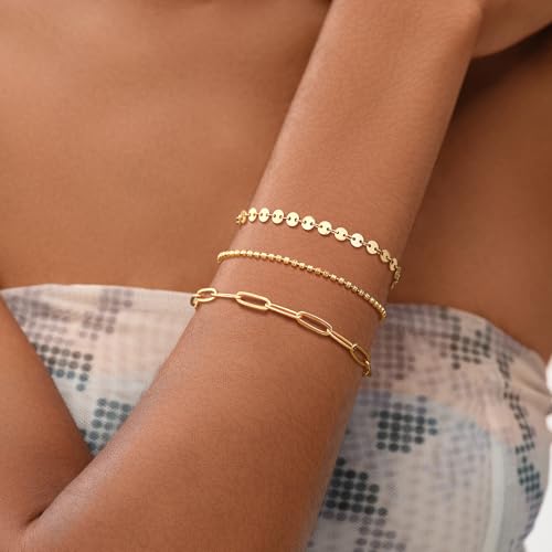 MEVECCO Dainty Chain Bracelets for Women, Layered and Charm Styles | 14K Gold Plated Brass, Select Cubic Zirconia Accents, Single and Multi-Row Structures for Refined Everyday Wristwear - style: Coin Chain