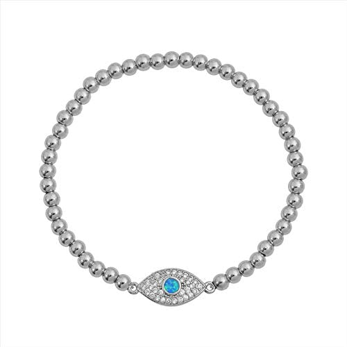 Women Evil Eye Ball chain Elastic bracelet with CZ Cubic Zirconia - color: Opal Silver