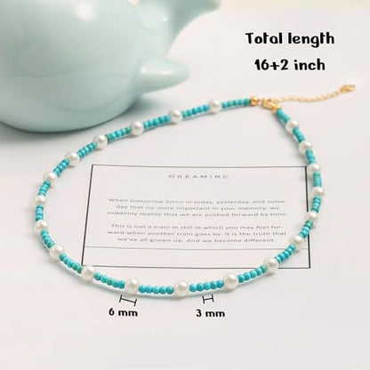 PEARLADA Turquoise Beaded Choker Necklace Chakra Stone Necklace Adjustable - color: Turquoise Beads 3mm
