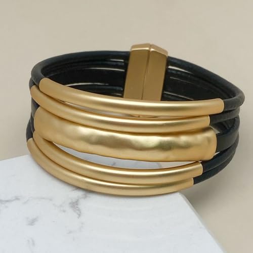 Bracelets for Women Leather Bracelet Multi-Layer Rope Wrap Bangle 14k Gold Plated Cirle Hollow Tube Boho Cuff Bangle Bracelets for Women Gift - style: Tube-Black Leather Bracelet