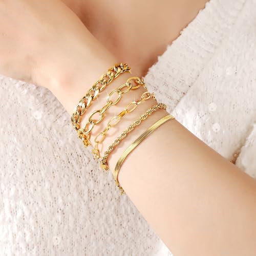 SEEDRILL Bracelets for Women Trendy Waterproof 316 Stainless Steel 18K Real Gold Plated Jewelry Sets Chunky Stackable Cuban Link Paperclip Herringbone Rope Chain Bracelet Pack Gifts Silvery/Gold-Tone - color: Gold-Tone