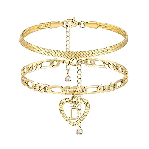 YANODA Gold Ankle Bracelets for Women Waterproof, 14k Gold Plated Layered Snake Anklets Figaro Chain Letter Initial Anklets Handmade Heart Ankle Bracelets Personalized for Women Beach Jewelry Gifts - color: D
