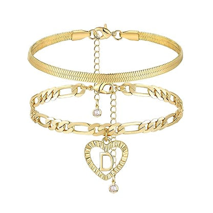 YANODA Gold Ankle Bracelets for Women Waterproof, 14k Gold Plated Layered Snake Anklets Figaro Chain Letter Initial Anklets Handmade Heart Ankle Bracelets Personalized for Women Beach Jewelry Gifts - color: D