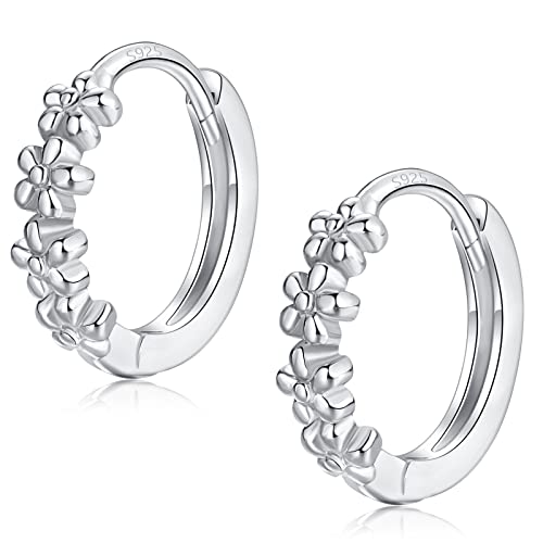 Sterling Silver Hoop Earrings for Women, Dainty Small Huggie Hoop Earrings | Hypoallergenic Daisy Color Cubic Zirconia Flower Hoops Earring Jewellery Gifts for Ladies Birthday Wedding, 12mm Hoop - color: Silver