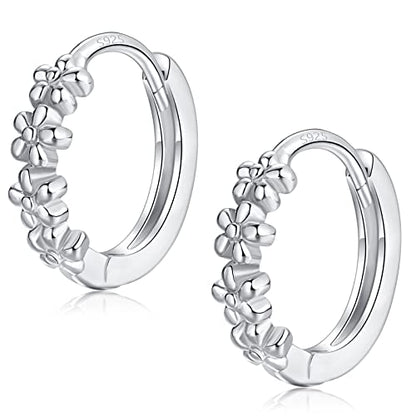 Sterling Silver Hoop Earrings for Women, Dainty Small Huggie Hoop Earrings | Hypoallergenic Daisy Color Cubic Zirconia Flower Hoops Earring Jewellery Gifts for Ladies Birthday Wedding, 12mm Hoop - color: Silver