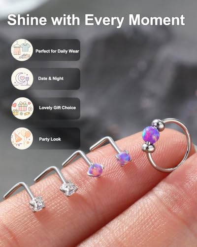 Jewseen 5Pcs Stainless Steel Nose Rings Hoops 20g Opal Nose Studs L Shaped Nose Rings Nose Piercing Jewelry Cartilage Hoop Helix Tragus Daith Earrings for Women - color: purple