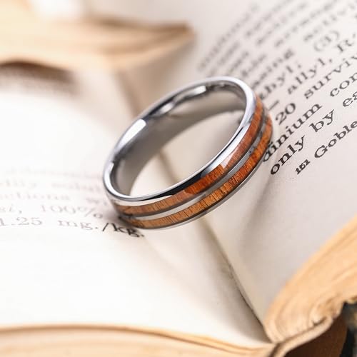 THREE KEYS JEWELRY Tungsten Wedding Band Koa wood Inlay Black Domed | 4mm, 6mm, 8mm, Everyday Wear, Black, Domed, Koa wood inlay - color: Wood Line 6mm