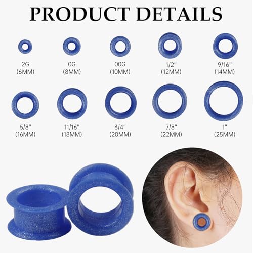 20Pcs Silicone Ear Gauges 2G-25mm Flexible Ear Tunnels Gauges Soft Expander Stretching Ear Plugs Tunnels Black Earring Piercings Jewelry for Men Women - color: Thick Blue-1 Silicone