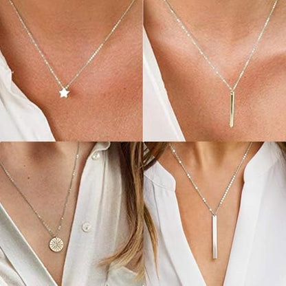 Layered Necklace Pendant Handmade Dainty Choker Bar Layering Long Necklace for Women(Silver) - color: Silver Star