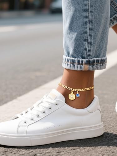 Custom4U Personalized Initial Ankle Bracelets for Women 14K Gold Plated Dainty CZ Birthstone Hexagon Letter Initial Anklets for Women Adjustable Silver/Gold Foot Chain Summer Beach Jewelry Gifts - color: Gold Hexagon-N