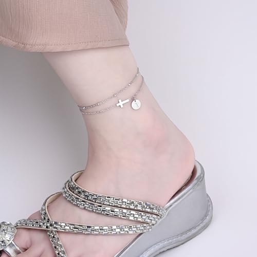 Gold Cross Ankle Bracelets for Women | Anklets for Women Waterproof with Initial Charm (A-Z) | Non Tarnish Summer Beach Jewelry Gifts for Her - color: Silver I