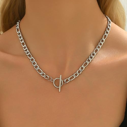 Chunky Gold Necklace for Women, 18K Gold Plated Paperclip, Figaro Link Chain Necklace, Toggle Clasp Necklaces, Trendy Non Tarnish Jewelry, Christmas Gifts - style: Figaro Toggle 17.7''-White Gold
