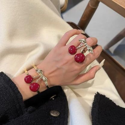 Cherry Charm Bracelet and Ring Set for Women, Gold Tone Adjustable Cuff Bangle Statement Cherry Rings Cute Fruit Jewelry Set Trendy Gift for Birthday Valentine’s Day