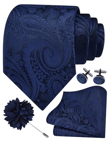 GUSLESON Paisley Tie Set for Men 3.15" Necktie Lapel Pin Hankerchief Cufflinks Set for Men - color: Navy Blue
