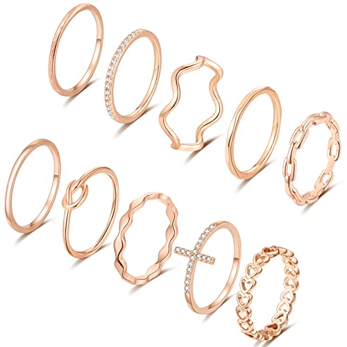 ZOERAY Gold Silver Stackable Rings for Women Non Tarnish CZ Ring Set | 10PCS 14K Gold Plated, Dainty Stacking Band Rings, Cross Wave Paperclip Knot Knuckle Thumb Ring, Jewelry Gifts, Size 4-11 - color: Rose Gold
