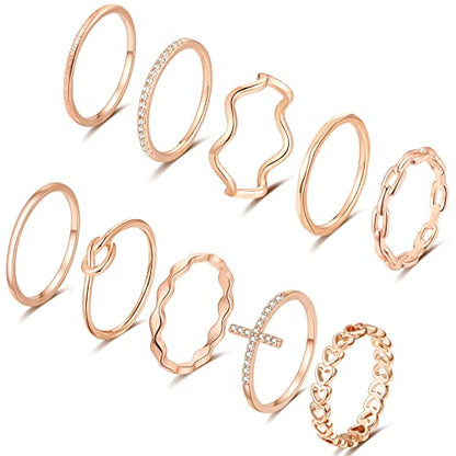 ZOERAY Gold Silver Stackable Rings for Women Non Tarnish CZ Ring Set | 10PCS 14K Gold Plated, Dainty Stacking Band Rings, Cross Wave Paperclip Knot Knuckle Thumb Ring, Jewelry Gifts, Size 4-11 - color: Rose Gold