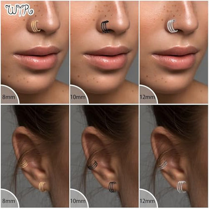 G23 Titanium Conch Piercing Jewelry Hoop: 16G 8mm/10mm/12mm Diamond Cartilage Earring Helix Double Piercing Hoop Septum Rings Hypoallergenic Nose Rings Hinged Segment Clicker Lip Rings Rook Daith Tragus Earrings - color: Gold-Triple Layers
