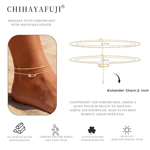 Sterling Silver Ankle Bracelets for Women 14K Gold Waterproof Layered Braided Chain Knot Charm Stackable Adjustable Non Tarnish Anklets Bracelet for Summer Beach Jewelry Gift - color: goldC