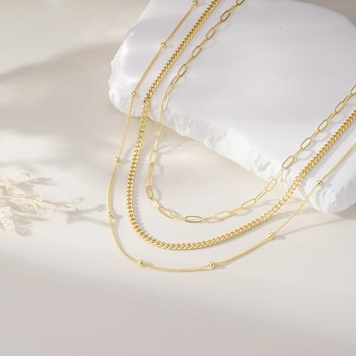 Turandoss Layered Necklaces for Women, 14K Gold Plated Chain Necklace Stack | Non Tarnish Gold Necklaces for Women, Toggle Clasp Herringbone Rope Satellite Cuban Link Chain Necklace, Trendy Jewelry Gifts - color: paperclip+cuban link+satellite
