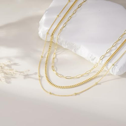 Turandoss Layered Necklaces for Women, 14K Gold Plated Chain Necklace Stack | Non Tarnish Gold Necklaces for Women, Toggle Clasp Herringbone Rope Satellite Cuban Link Chain Necklace, Trendy Jewelry Gifts - color: paperclip+cuban link+satellite