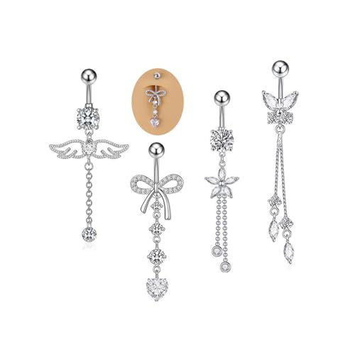 5PCS Crystal Belly Button Ring for Women Dangle Navel Belly Piercing Jewelry Cute Bow Butterfly Heart Angel wings Navel Belly Rings 14G Silver Surgical Steel Belly Button Stud - color: Silver-4pcs