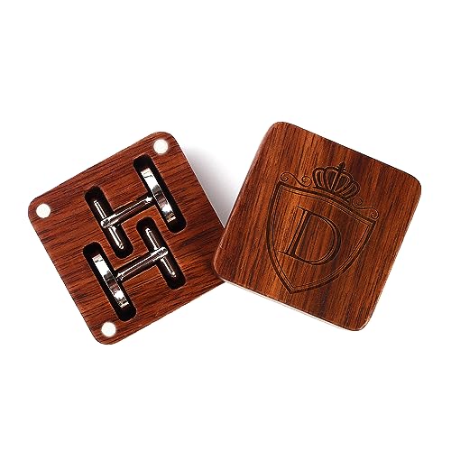 Mens Initial Silver Cufflinks A-Z Alphabet Letter Steel Cuff Links with Engraved Walnut Wood Box Groom Groomsman Wedding Set… - style: D