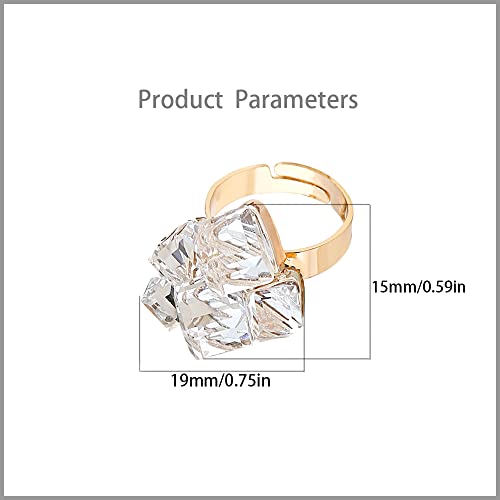 Hebelee Boho Square Crystal Statement Ring for Women Adjustable | Gold-Toned Expandable Promise Engagement Geometric Rings Comfort Fit Elegant Art Deco Christmas Cocktail Y2K Jewelry - color: White