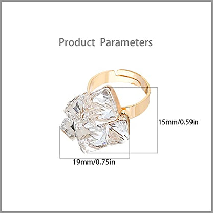 Hebelee Boho Square Crystal Statement Ring for Women Adjustable | Gold-Toned Expandable Promise Engagement Geometric Rings Comfort Fit Elegant Art Deco Christmas Cocktail Y2K Jewelry - color: White