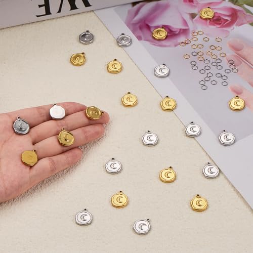 20 Pack Moon Charms for Jewelry Making Stainless Steel Round Pendant Charm Bulk with Jump Rings - color: Moon Gold Silver