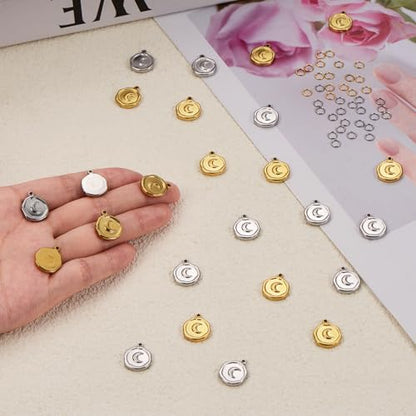 20 Pack Moon Charms for Jewelry Making Stainless Steel Round Pendant Charm Bulk with Jump Rings - color: Moon Gold Silver
