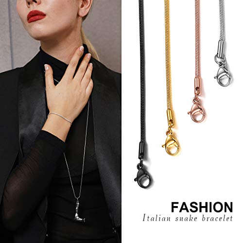 ChainsHouse Stainless Steel Herringbone Flat Chain Bracelets for Women,18K Gold/Rose Gold/Black Metal Paperclip/Snake/Cuban/Figaro Sterling Silver Link Charm Bracelet, 16+5cm Adjustable, With Gift Box - color: d. snake-stainless
