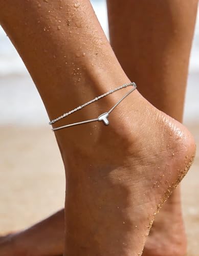 ChainsHouse Initial Ankle Bracelets for Women Waterproof, 14K Gold Plated Layered Initial Anklets Non Tarnish, Adjustable Stainless Steel Women's Ankle Summer Beach Foot Jewelry - color: Stainless Steel, size: Initial T