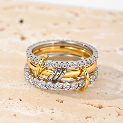 HERSIN Stackable Interlocked Rings for Women Non Tarnish, 18K Gold Plated Green Cubiz Zirconia Ring Chunky Rings Mixed Metal Multi Ring Dainty Stacking Rings Set Jewelry for Women Gifts
