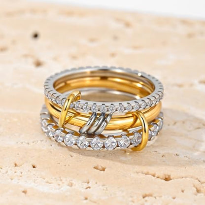 HERSIN Stackable Interlocked Rings for Women Non Tarnish, 18K Gold Plated Green Cubiz Zirconia Ring Chunky Rings Mixed Metal Multi Ring Dainty Stacking Rings Set Jewelry for Women Gifts