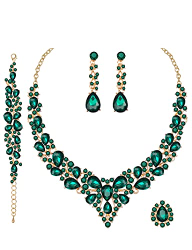 CSY Elegant Crystal Costume Jewelry Sets for Formal Events Gown Accessories | 4-Piece Set Bridal Necklace Earrings Bracelet Ring Set for Brides Eco-friendly Statement Jewelry for Wedding Party Prom - color: emerald green-gold tone