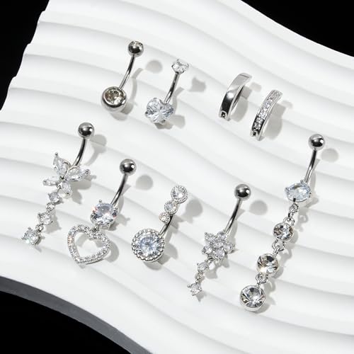 9PCS Belly Button Ring Dangle Stainless Steel Belly Rings 14G 1.6MM Belly Piercing Cute Navel Ring Piercing Jewelry Belly Ring for Women - color: 9PC Silver Set