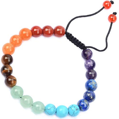 MASSIVE BEADS Natural Healing Power Gemstone Crystal Beads Unisex Adjustable Macrame Bracelets - color: 7-Chakra Stones, size: 8mm