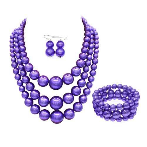 Big Chunky Pearl Necklace and Earrings Set Large Costume 1920s Faux Pearls Gatsby Accessories - color: Purple Pearl Necklace set