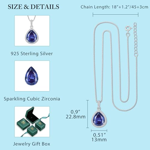 FJ Teardrop Pendant Necklace 925 Sterling Silver Birthstone Jewelry for Women - color: 12 December-Tanzanite