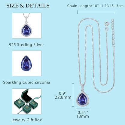 FJ Teardrop Pendant Necklace 925 Sterling Silver Birthstone Jewelry for Women - color: 12 December-Tanzanite
