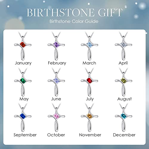 Cross Necklace for Women 925 Sterling Silver Birthstone Necklace for Women | Silver Necklaces with Diamond Sideways Birthstone Jewelry Gifts for Women 45+3cm Adjustable Chain - color: 03-March-Aquamarine