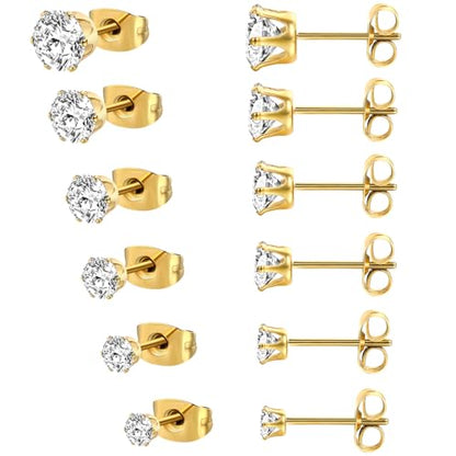 MDFUN 6 Pairs Stud Earrings Sets 3-8MM 18K Gold Plated Round 5A+ Cubic Zirconia Earrings Hypoallergenic CZ 6 Prong Ears Jewelry for Women - color: A-Yellow Gold 3-8MM
