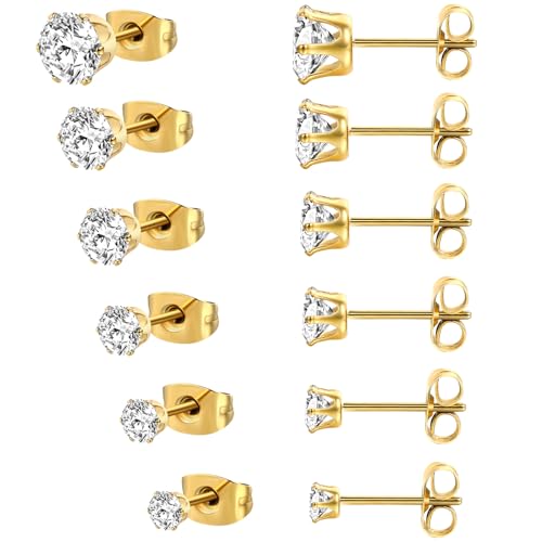 MDFUN 6 Pairs Stud Earrings Sets 3-8MM 18K Gold Plated Round 5A+ Cubic Zirconia Earrings Hypoallergenic CZ 6 Prong Ears Jewelry for Women - color: A-Yellow Gold 3-8MM
