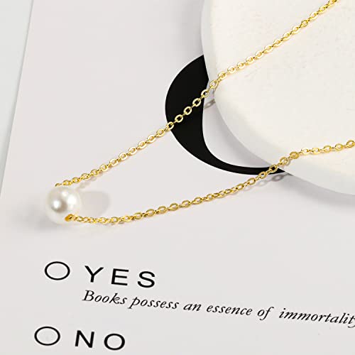 Gold Pearl Necklace For Women - 14K Gold Plated Layered Herringbone Chain Pearl Necklace, Trendy Simple Gold Jewelry Gift - color: Round Pearl-Gold