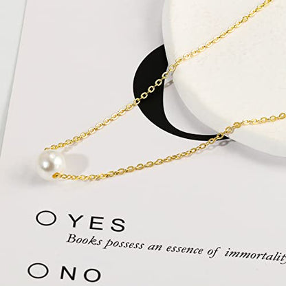 Gold Pearl Necklace For Women - 14K Gold Plated Layered Herringbone Chain Pearl Necklace, Trendy Simple Gold Jewelry Gift - color: Round Pearl-Gold