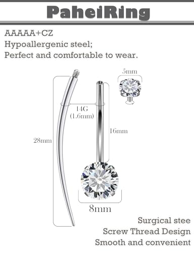 Long Belly Button Ring 6mm 8mm 10mm 12mm 14mm Surgical Stainless Steel Round Cubic Zirconia Navel Barbell Long Bar Belly Button Piercing Jewelry Silver, black, rose gold belly ring - color: 16mm Round & Heart Zircon Curved Piercing Jewelry