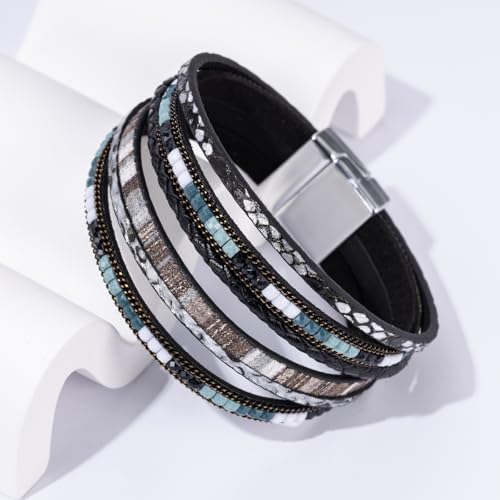 Boho Leather Wrap Bracelets Beaded Stackable Cuff Bracelet Country Concert Outfits Cowboy Cowgirl Western Jewelry Gifts for Women - color: 2layer-Black