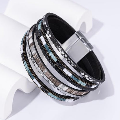 Boho Leather Wrap Bracelets Beaded Stackable Cuff Bracelet Country Concert Outfits Cowboy Cowgirl Western Jewelry Gifts for Women - color: 2layer-Black