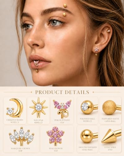 YACHY 11PCS/9PCS 16G Eyebrow Piercing Jewelry for Women Men, Eyebrow Rings Rook Earrings Rook Piercing Jewelry Belly Lip Ring Curved Barbells Eyebrow Piercing Cartilage Daith Helix Tragus Body Piercings - color: 11PCS-8mm-Gold